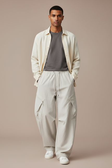 Pantalon Parachute Beige Cargo Ample Léger Décontracté - Polyester
