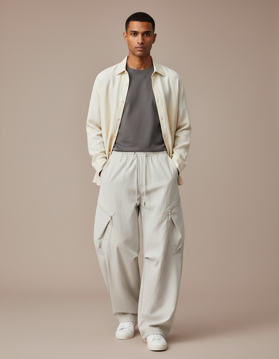 Pantalon Parachute Beige Cargo Ample Léger Décontracté - Polyester