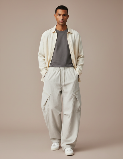 Pantalon Parachute Beige Cargo Ample Léger Décontracté - Polyester