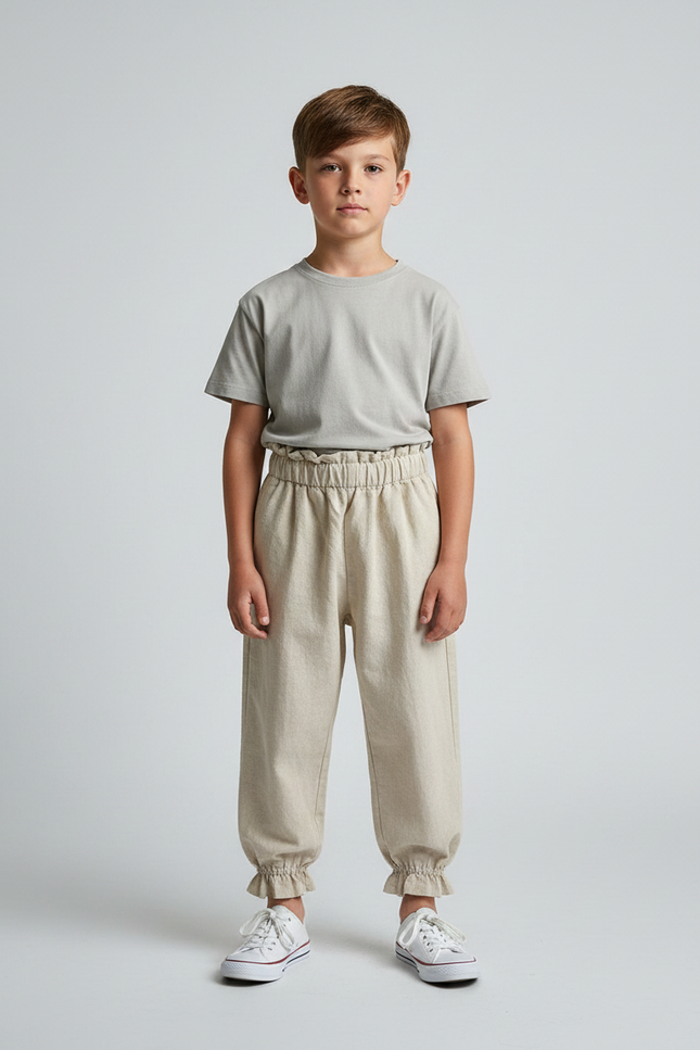 Pantalon Parachute Beige Ample Coton Enfant Froncé