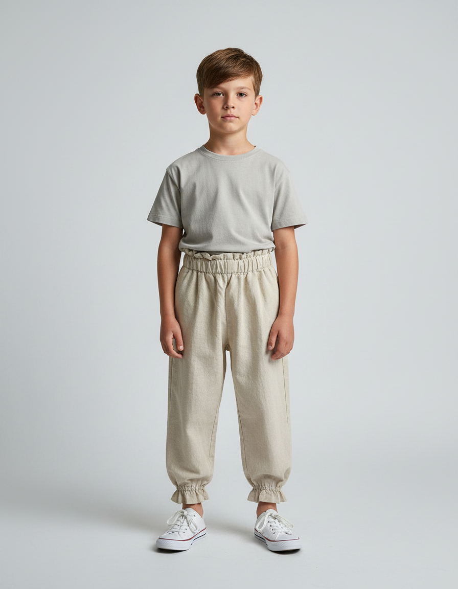 Pantalon Parachute Beige Ample Coton Enfant Froncé