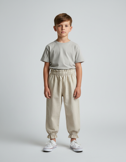 Pantalon Parachute Beige Ample Coton Enfant Froncé