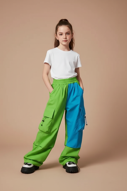 Pantalon Parachute Bicolore Ample Cargo Enfant - Multicolore Polyester