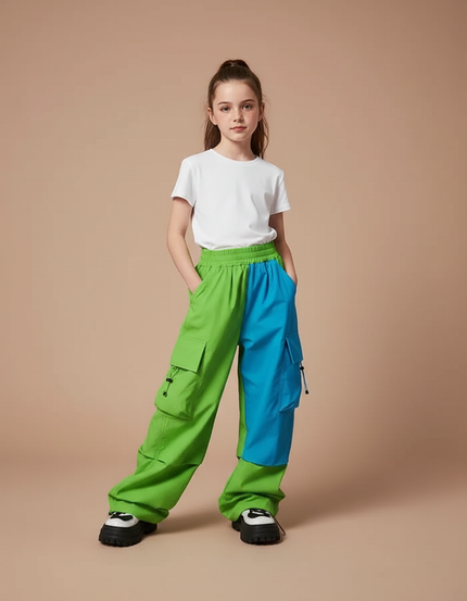 Pantalon Parachute Bicolore Ample Cargo Enfant - Multicolore Polyester
