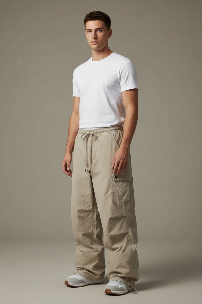 Pantalon Parachute Beige Ample Cargo Décontracté Coton Homme