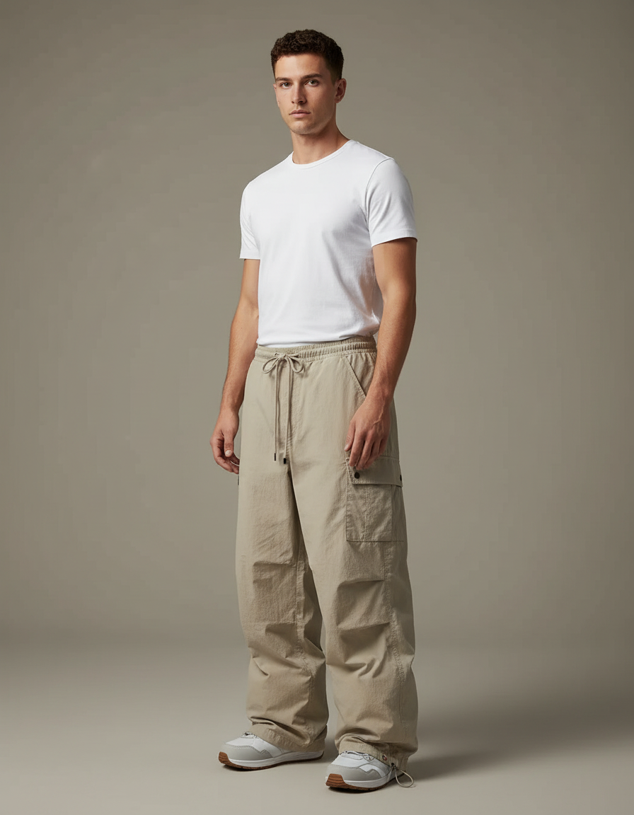 Pantalon Parachute Beige Ample Cargo Décontracté Coton Homme