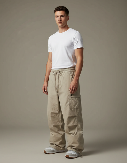 Pantalon Parachute Beige Ample Cargo Décontracté Coton Homme