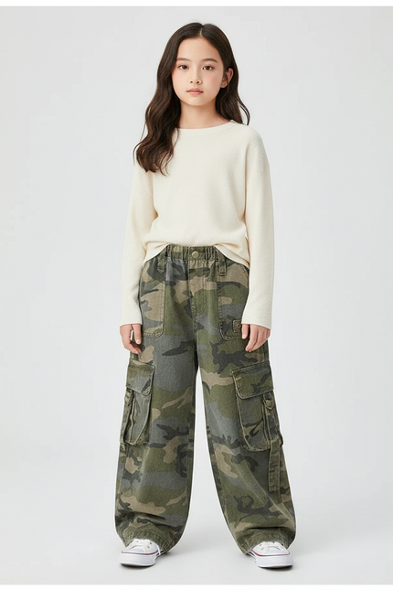 Pantalon Parachute Camouflage Cargo Ample Enfant Tendance - Imprimé Toile