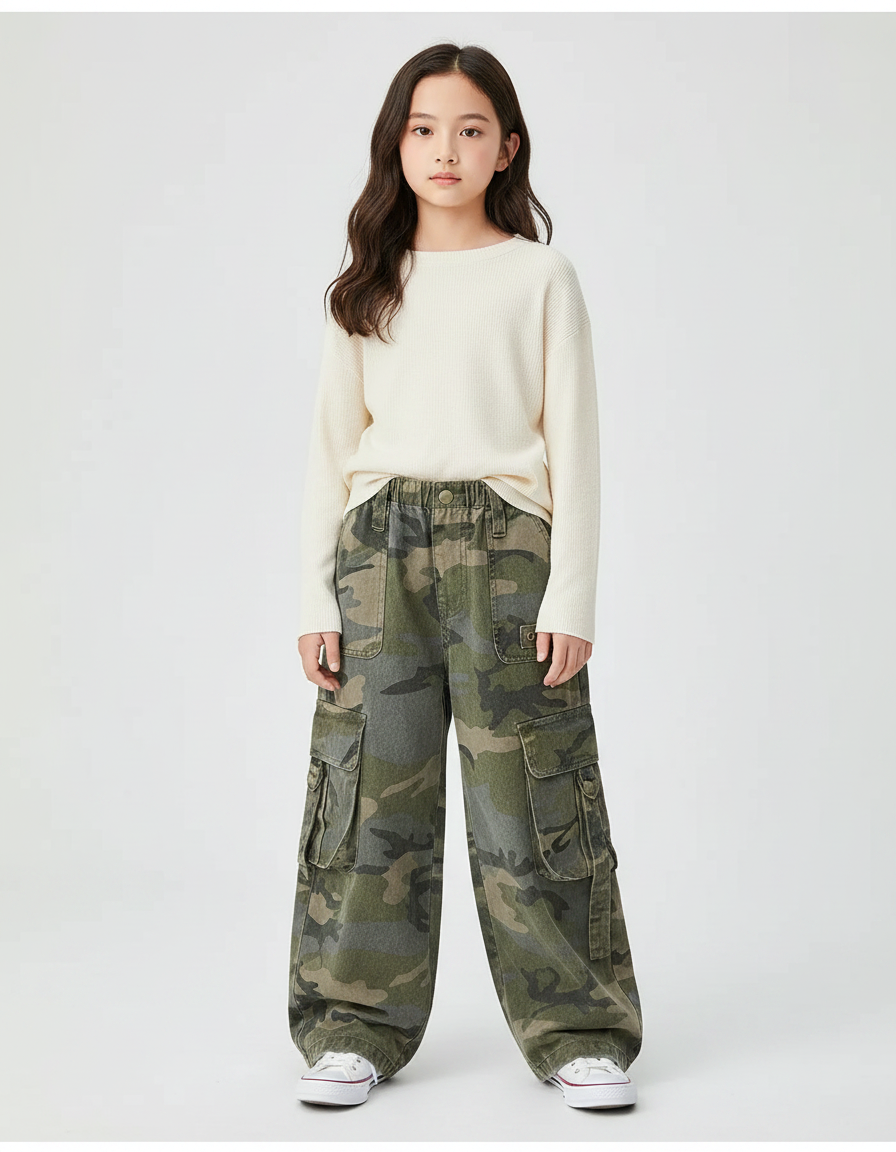 Pantalon Parachute Camouflage Cargo Ample Enfant Tendance - Imprimé Toile