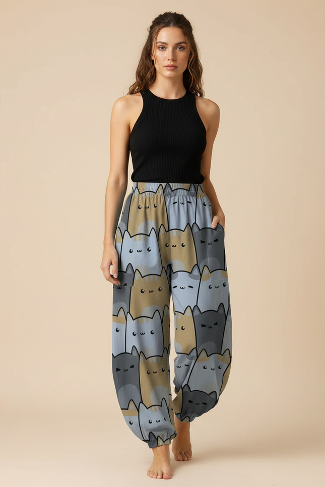 Pantalon Parachute Chat Imprimé Ample Décontracté Élastique - Viscose