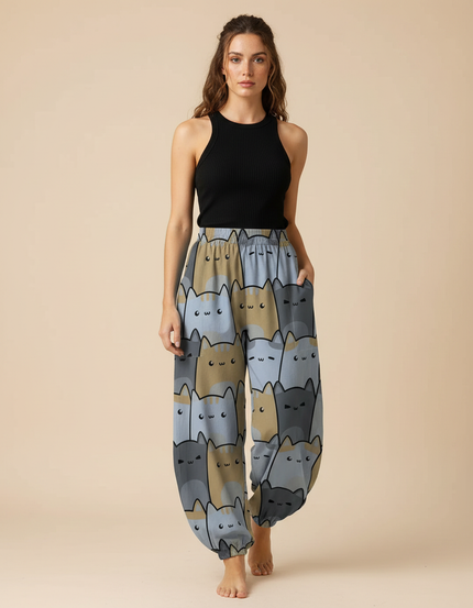 Pantalon Parachute Chat Imprimé Ample Décontracté Élastique - Viscose