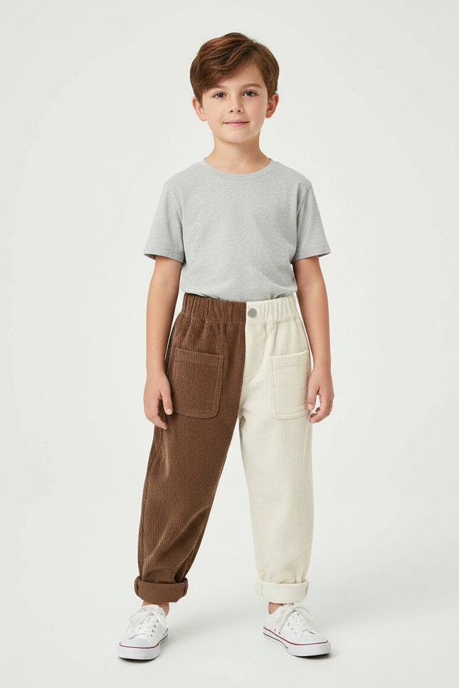 Pantalon Parachute Bicolore Côtelé Ample Enfant - Multicolore Cordé
