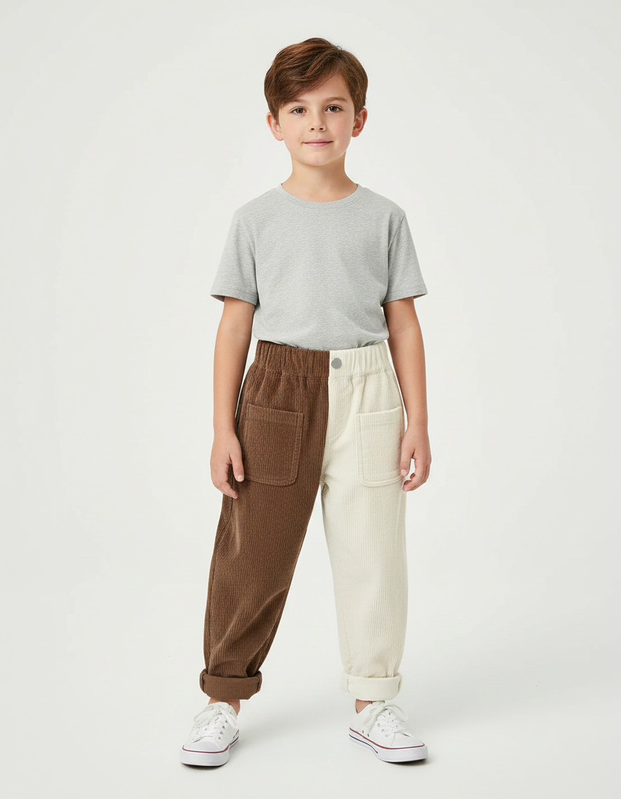Pantalon Parachute Bicolore Côtelé Ample Enfant - Multicolore Cordé