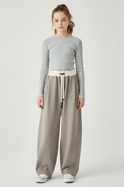 Pantalon Parachute Kaki Ample Cordon Décontracté Fluide - Molleton