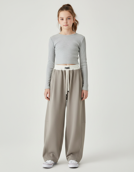 Pantalon Parachute Kaki Ample Cordon Décontracté Fluide - Molleton