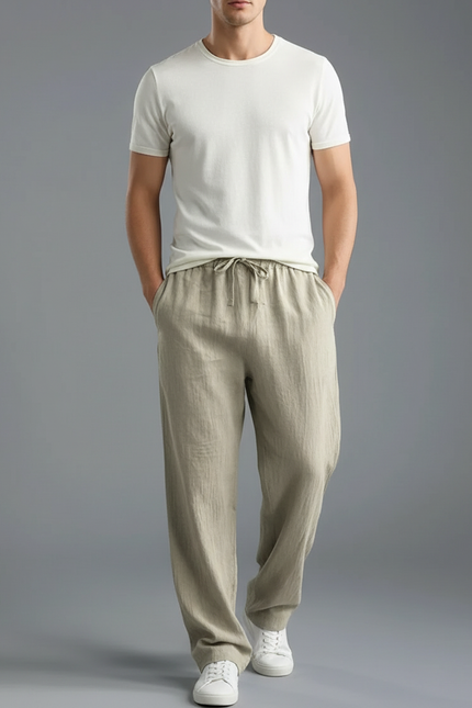 Pantalon Parachute Beige Ample Lin Coton Cordon Décontracté