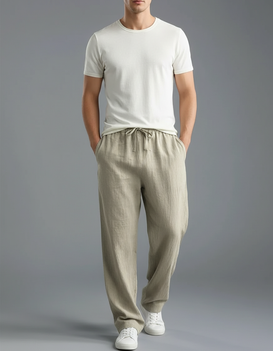 Pantalon Parachute Beige Ample Lin Coton Cordon Décontracté