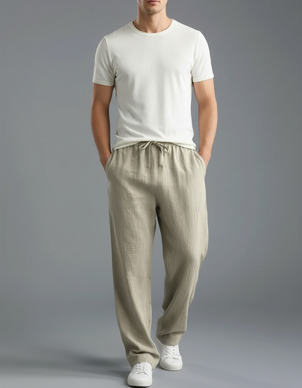 Pantalon Parachute Beige Ample Lin Coton Cordon Décontracté
