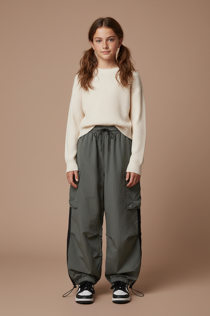 Pantalon Parachute Kaki Ample Cargo Confortable Fille - Polyester