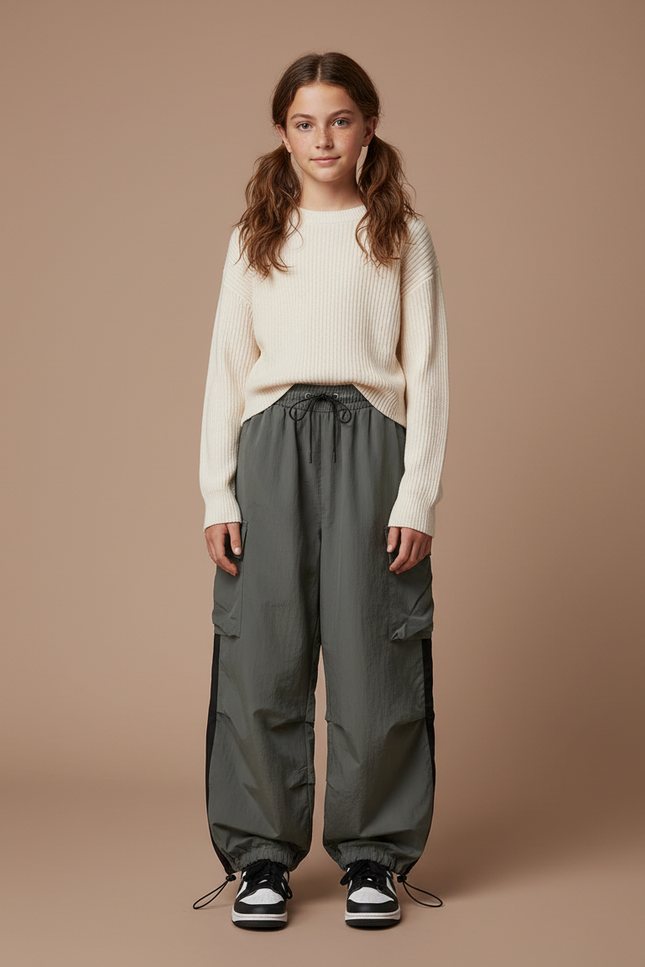 Pantalon Parachute Kaki Ample Cargo Confortable Fille - Polyester