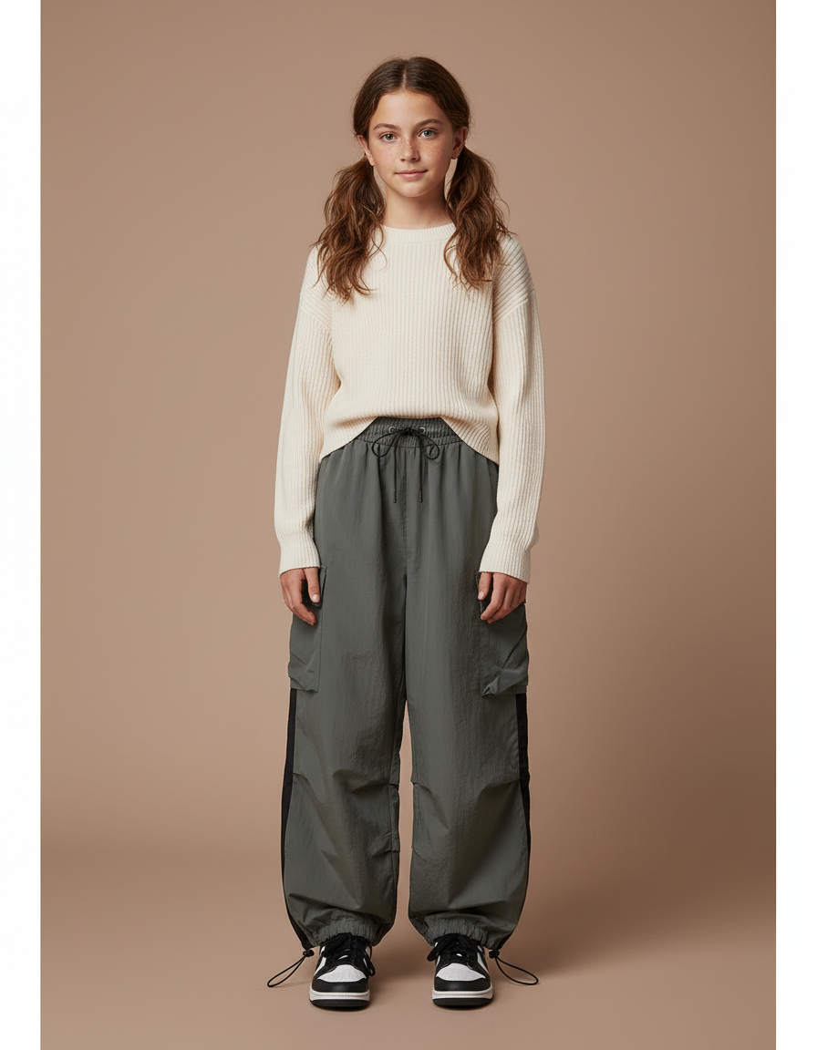 Pantalon Parachute Kaki Ample Cargo Confortable Fille - Polyester