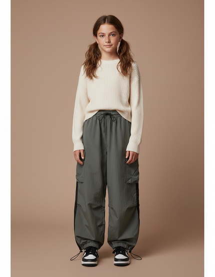 Pantalon Parachute Kaki Ample Cargo Confortable Fille - Polyester