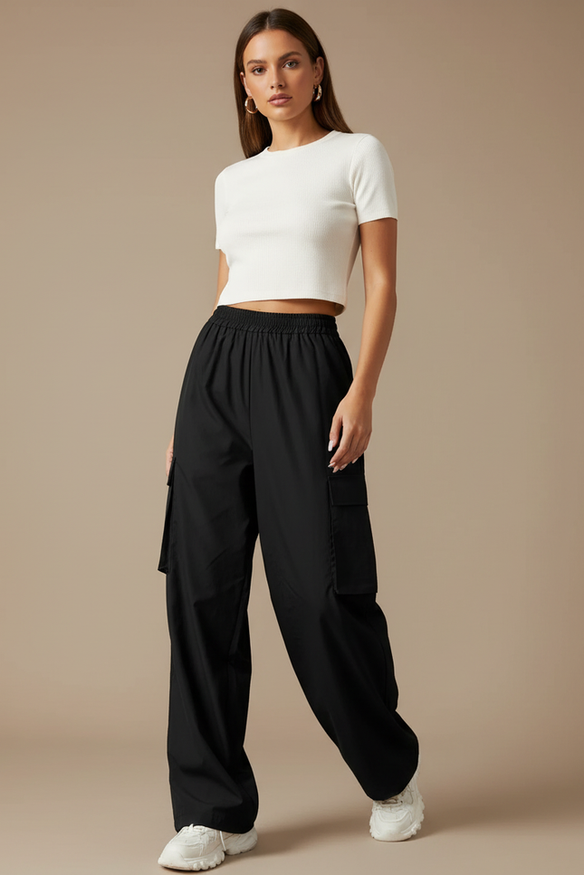 Pantalon Parachute Noir Cargo Ample Femme Poches - Polyester