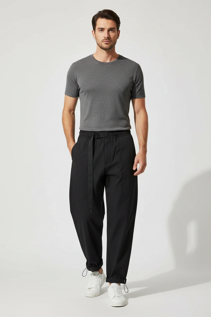 Pantalon Parachute Noir Ample Décontracté Homme Cordon - Polyester