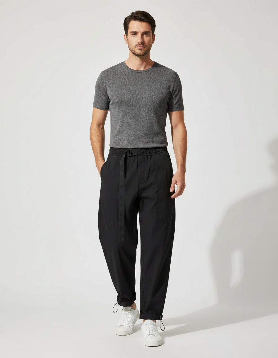 Pantalon Parachute Noir Ample Décontracté Homme Cordon - Polyester