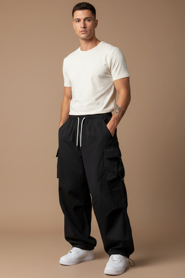 Pantalon Parachute Noir Ample Décontracté Urbain Homme - Polyester