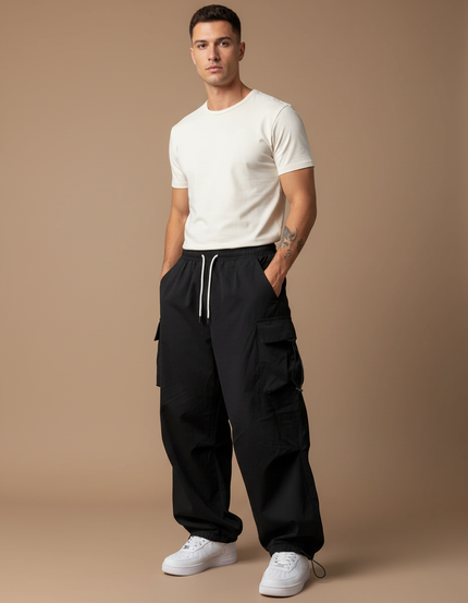 Pantalon Parachute Noir Ample Décontracté Urbain Homme - Polyester
