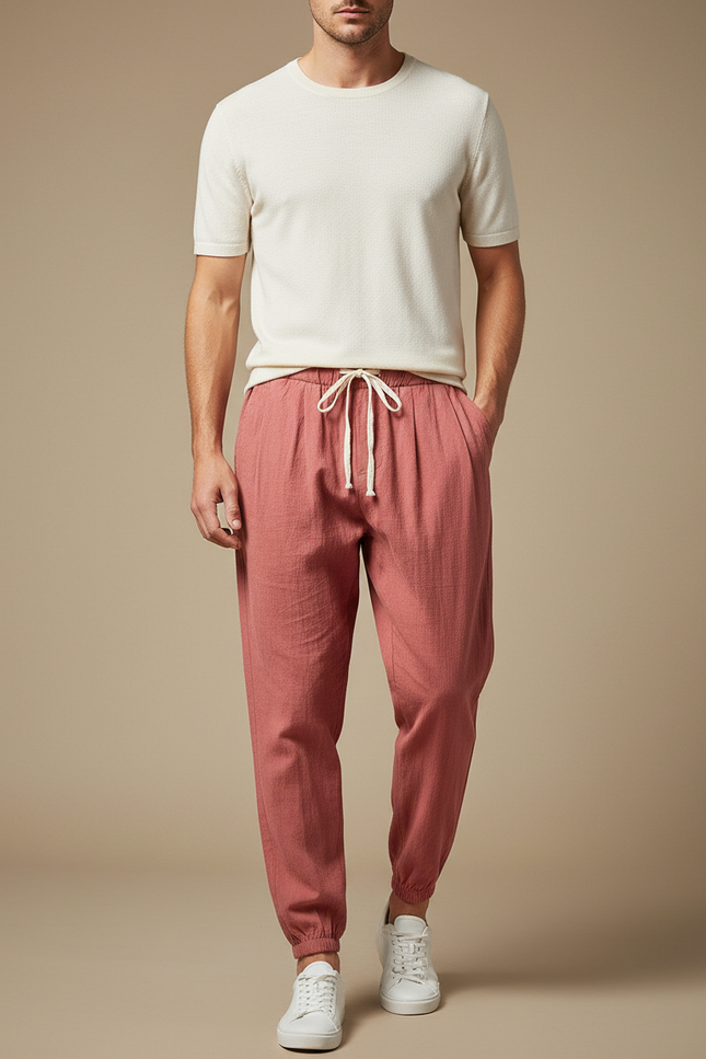 Pantalon Parachute Rouge Brique Coton Ample Décontracté Homme