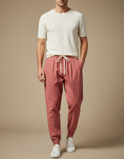 Pantalon Parachute Rouge Brique Coton Ample Décontracté Homme