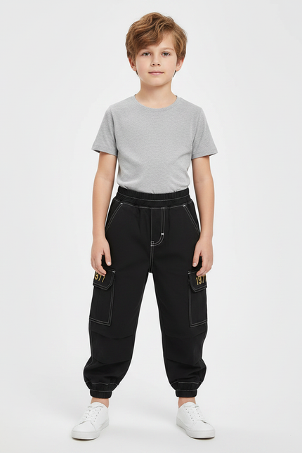 Pantalon Parachute Noir Cargo Coton Garçon Décontracté