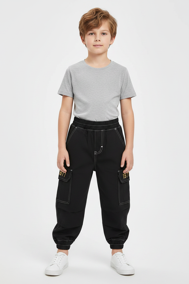 Pantalon Parachute Noir Cargo Coton Garçon Décontracté