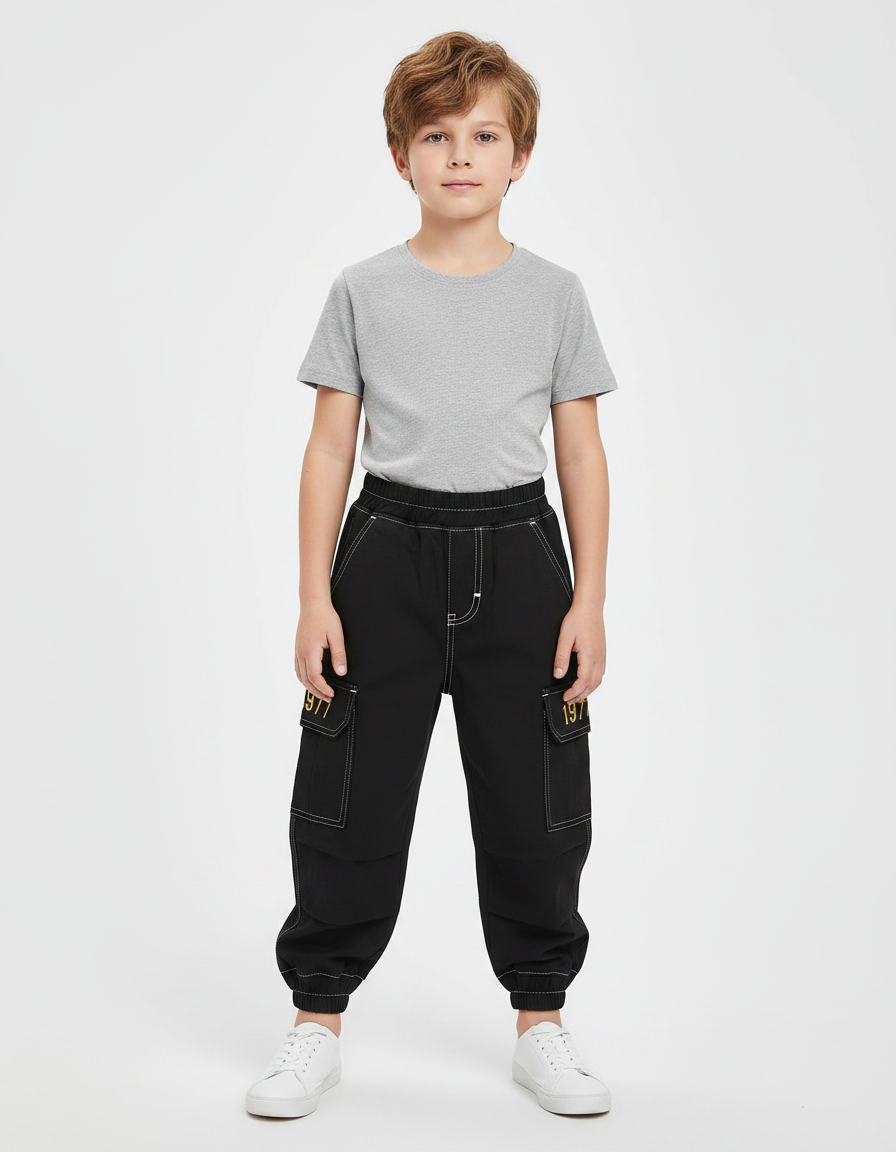 Pantalon Parachute Noir Cargo Coton Garçon Décontracté
