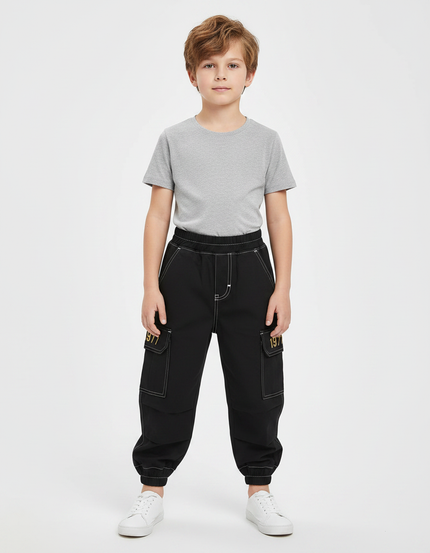Pantalon Parachute Noir Cargo Coton Garçon Décontracté