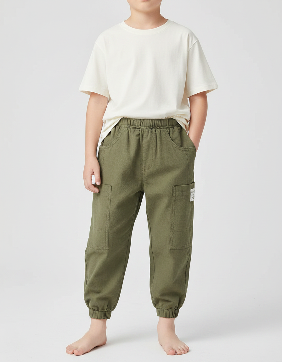 Pantalon Parachute Vert Ample Décontracté Enfant Coton - Kaki