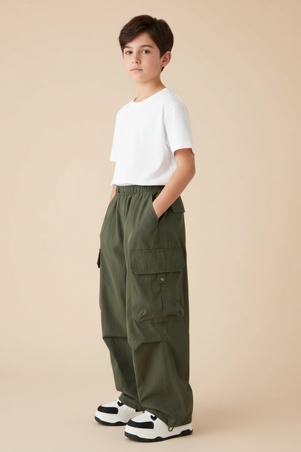 Pantalon Parachute Kaki Ample Cargo Garçon Uni - Polyester