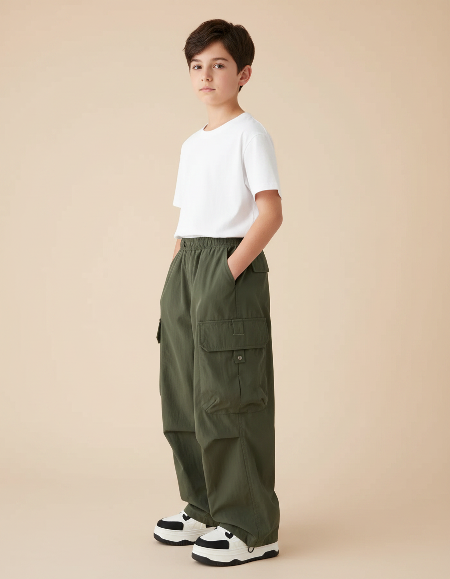 Pantalon Parachute Kaki Ample Cargo Garçon Uni - Polyester