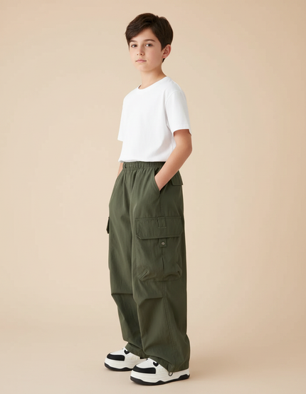 Pantalon Parachute Kaki Ample Cargo Garçon Uni - Polyester