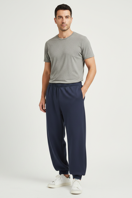 Pantalon Parachute Bleu Marine Molletonné Ample Homme
