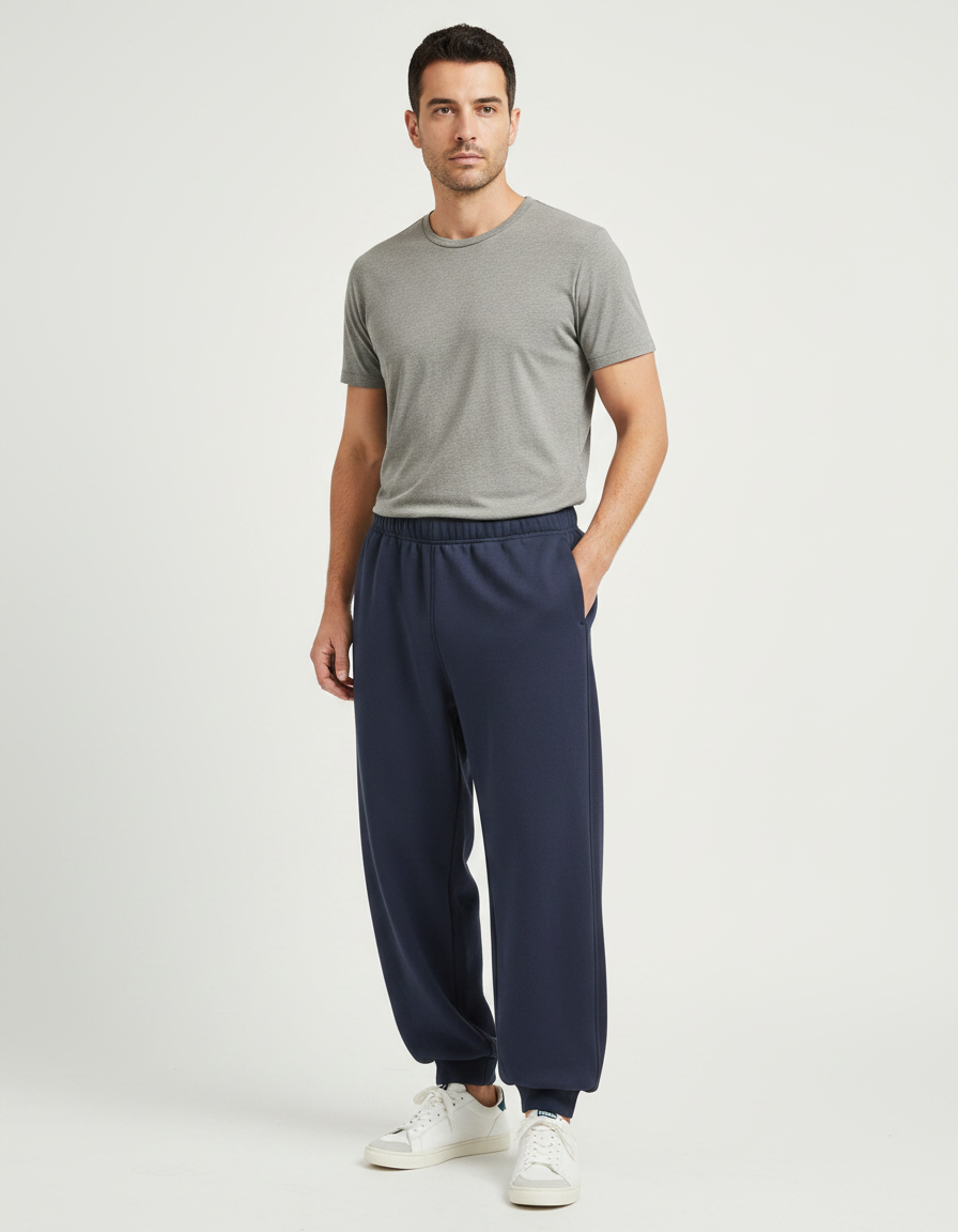 Pantalon Parachute Bleu Marine Molletonné Ample Homme