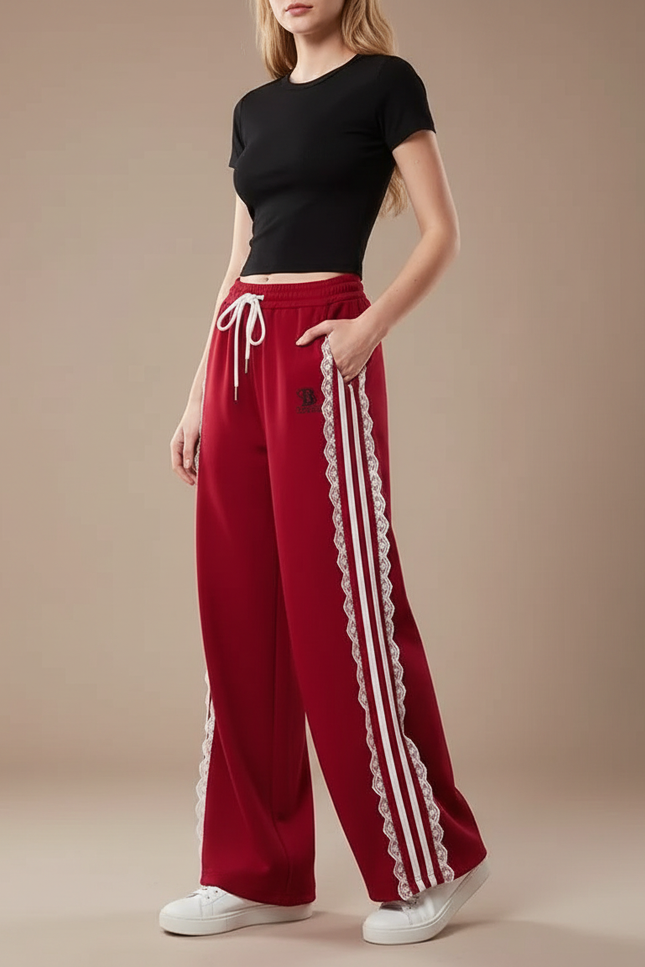 Pantalon Parachute Rouge Ample Rayures Dentelle Femme - Molleton