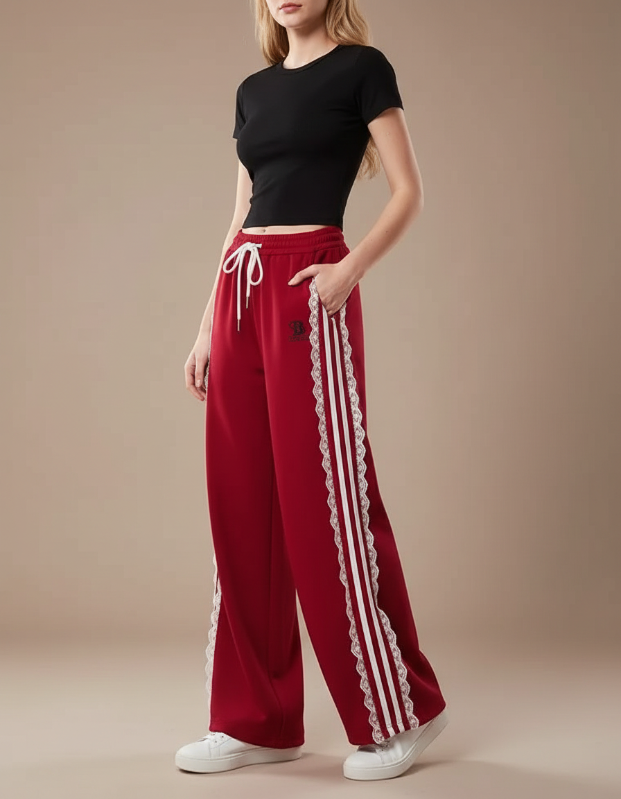 Pantalon Parachute Rouge Ample Rayures Dentelle Femme - Molleton