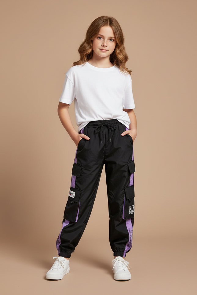Pantalon Parachute Noir Violet Cargo Ample Sportif - Polyester