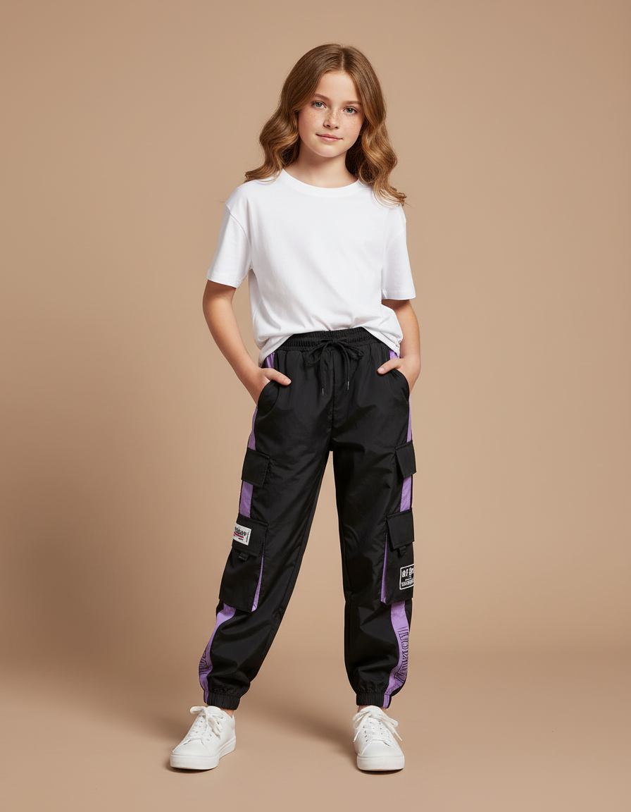 Pantalon Parachute Noir Violet Cargo Ample Sportif - Polyester