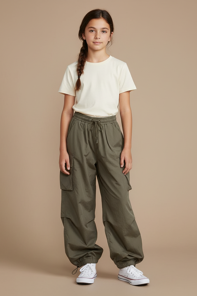 Pantalon Parachute Vert Kaki Ample Cargo Fille - Polyester