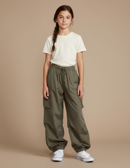 Pantalon Parachute Vert Kaki Ample Cargo Fille - Polyester