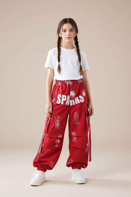 Pantalon Parachute Rouge Cargo Ample Imprimé Fille - Coton